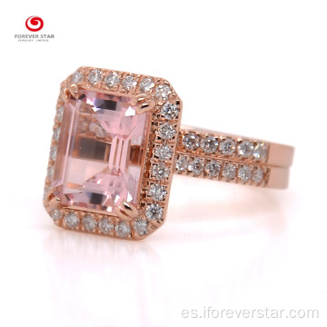 Cojín chapado en oro rosa 18K Morganite Moissanite Anillo